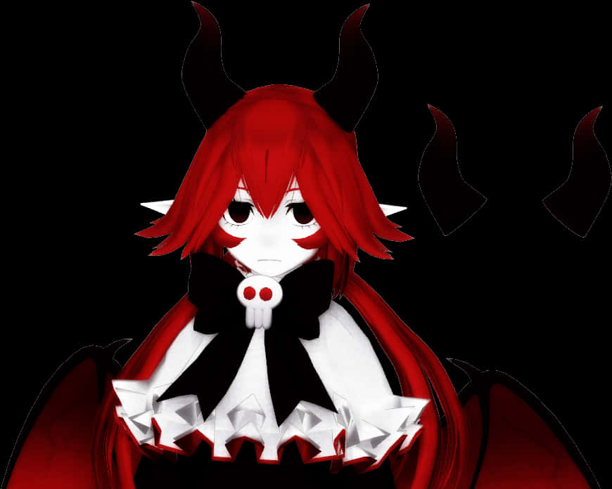 紅髮動漫惡魔少女 壁紙 — 一個風格化的動漫女孩，紅髮、黑色角、骷髏頭蝴蝶結，站在深色背景前。