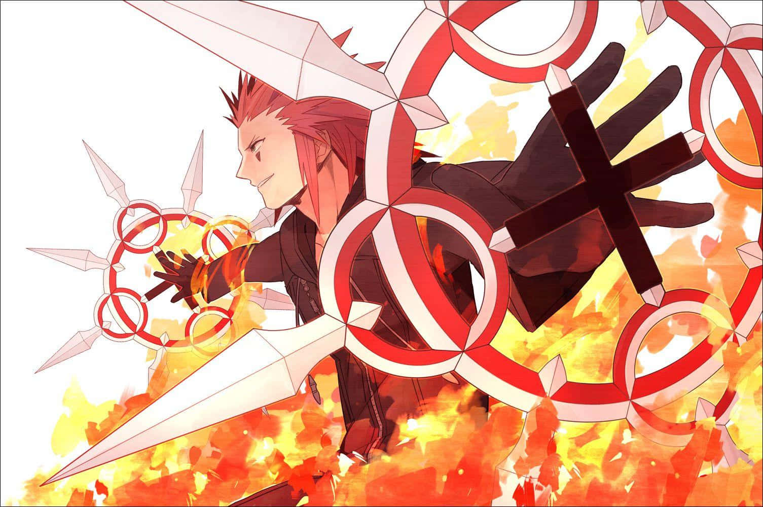 Kingdom Hearts Riku 桌布 壁紙 — 紅髮動漫角色在熾熱的橙色爆炸中揮舞著發光的紅色和白色圓形刀片。
