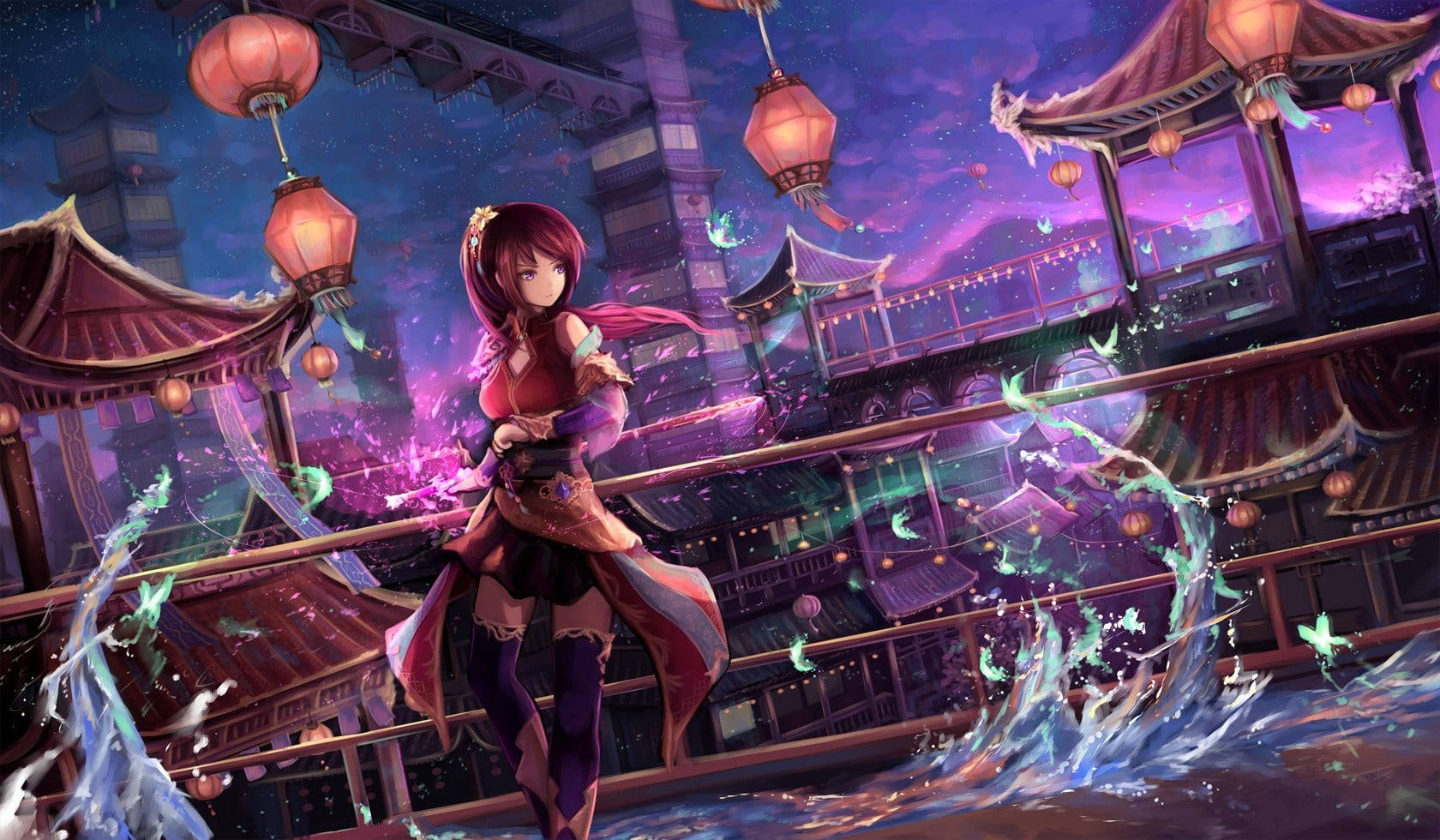 紅髮動漫女孩穿著紅色服裝，夜晚站在橋上，周圍有發光的燈籠和魔法水效果。