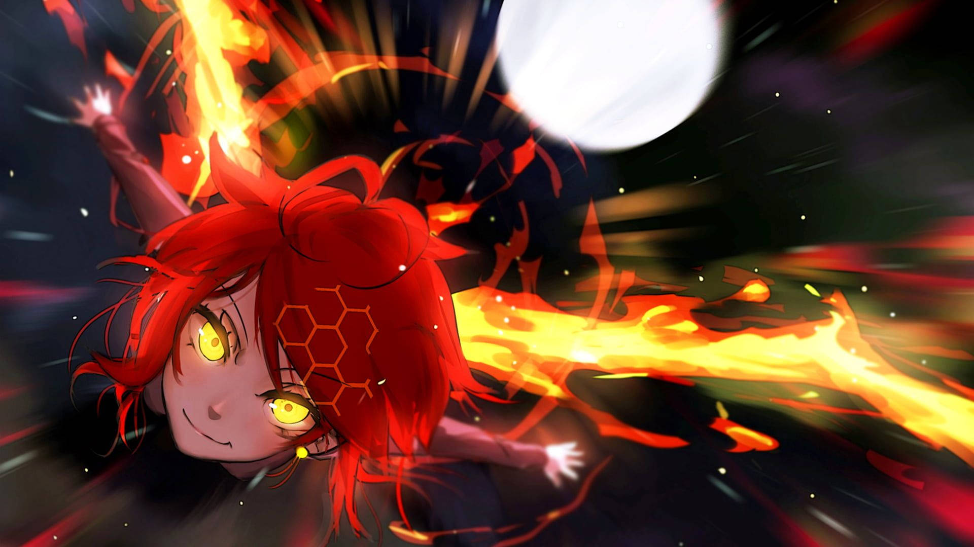 紅髮少女火之動漫 壁紙 — 一個火熱的動漫女孩，擁有發光的黃色眼睛和紅色頭髮，在黑暗的宇宙背景下釋放出熾熱的能量爆炸。