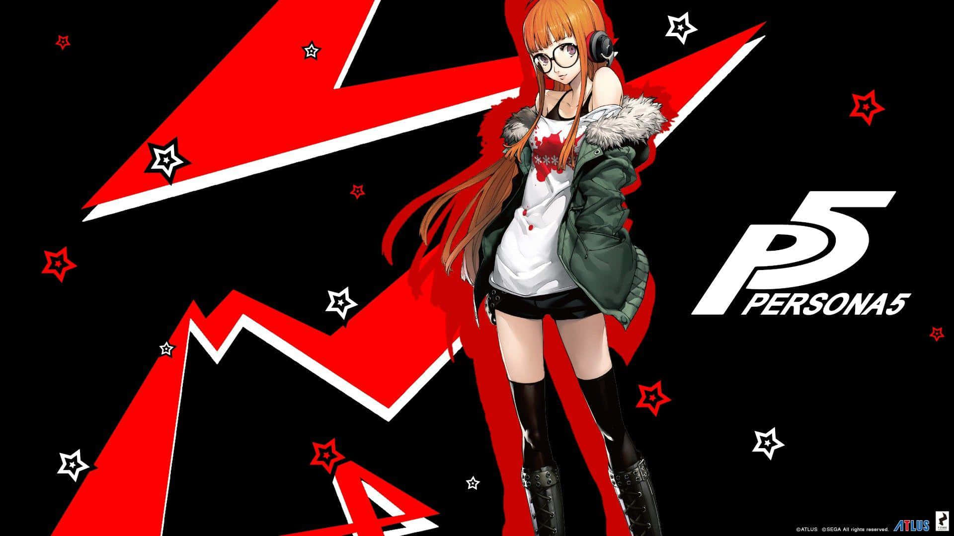 紅髮少女配紅黑條紋 壁紙