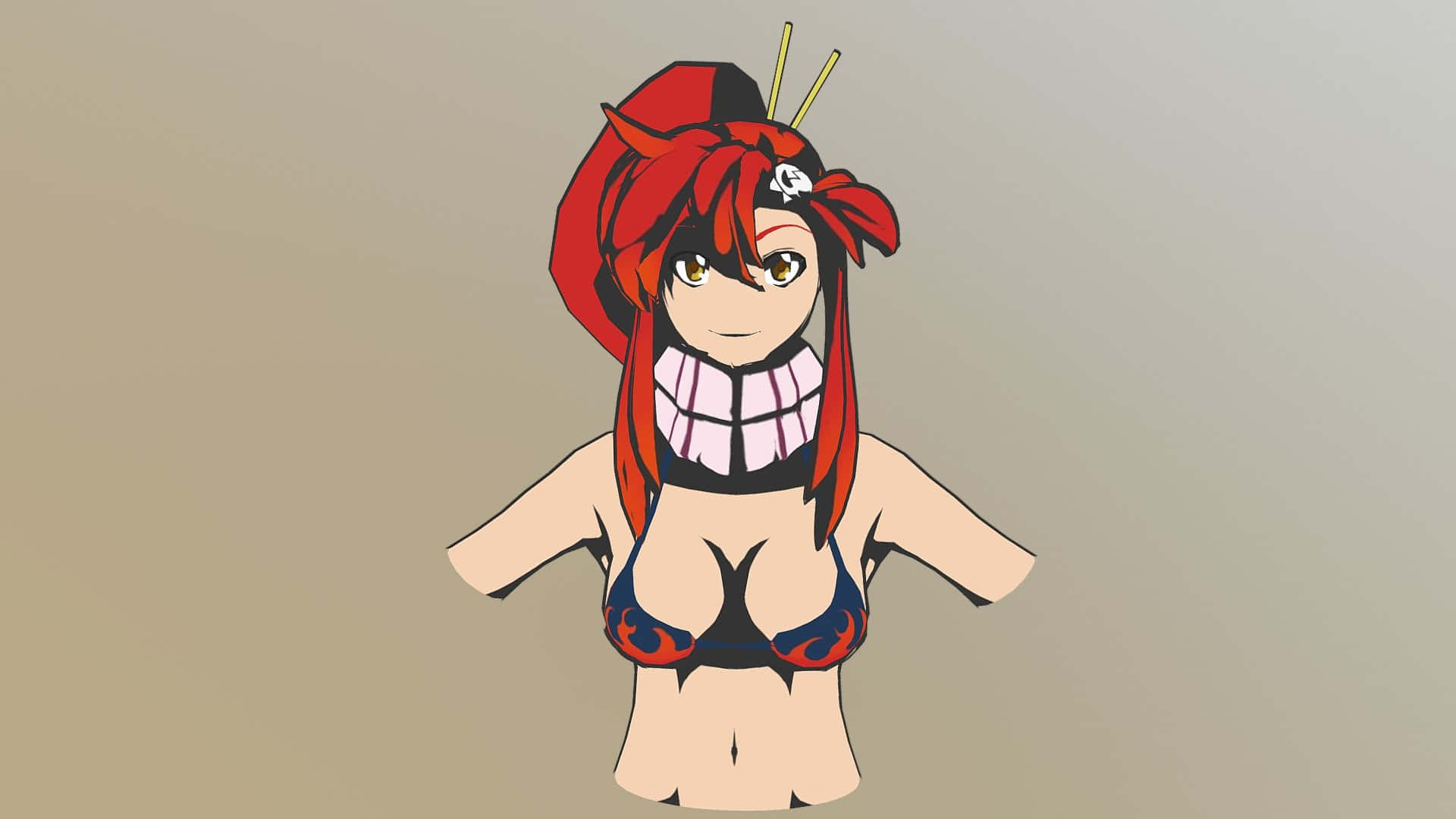 yoko littner 桌布 壁紙 — 紅髮戴骷髏飾品的動漫女孩，在純米色背景前穿著暴露的比堅尼。