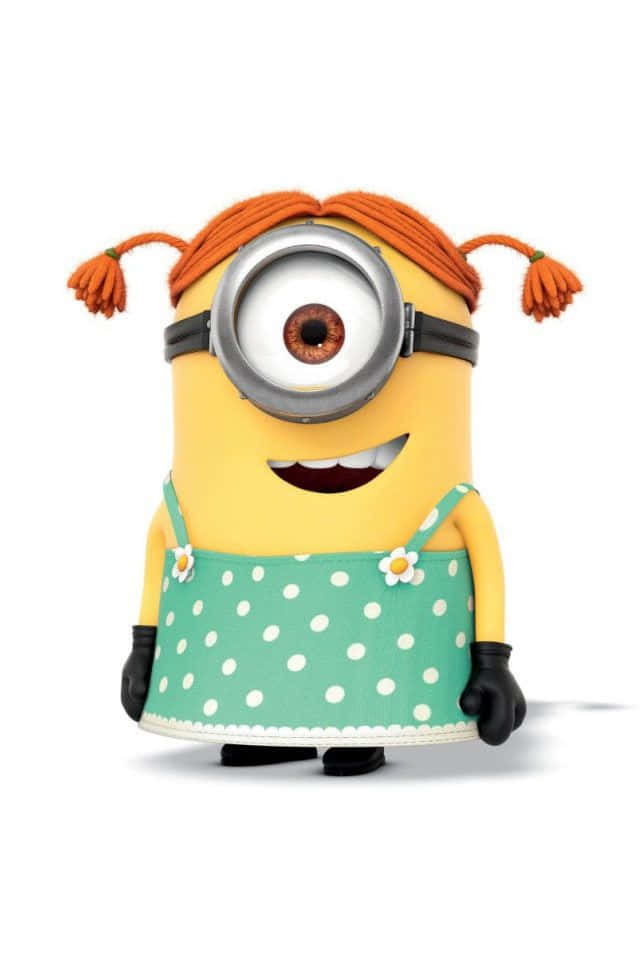 一個微笑的黃色Minion，有橙色辮子，穿著綠色圓點裙。