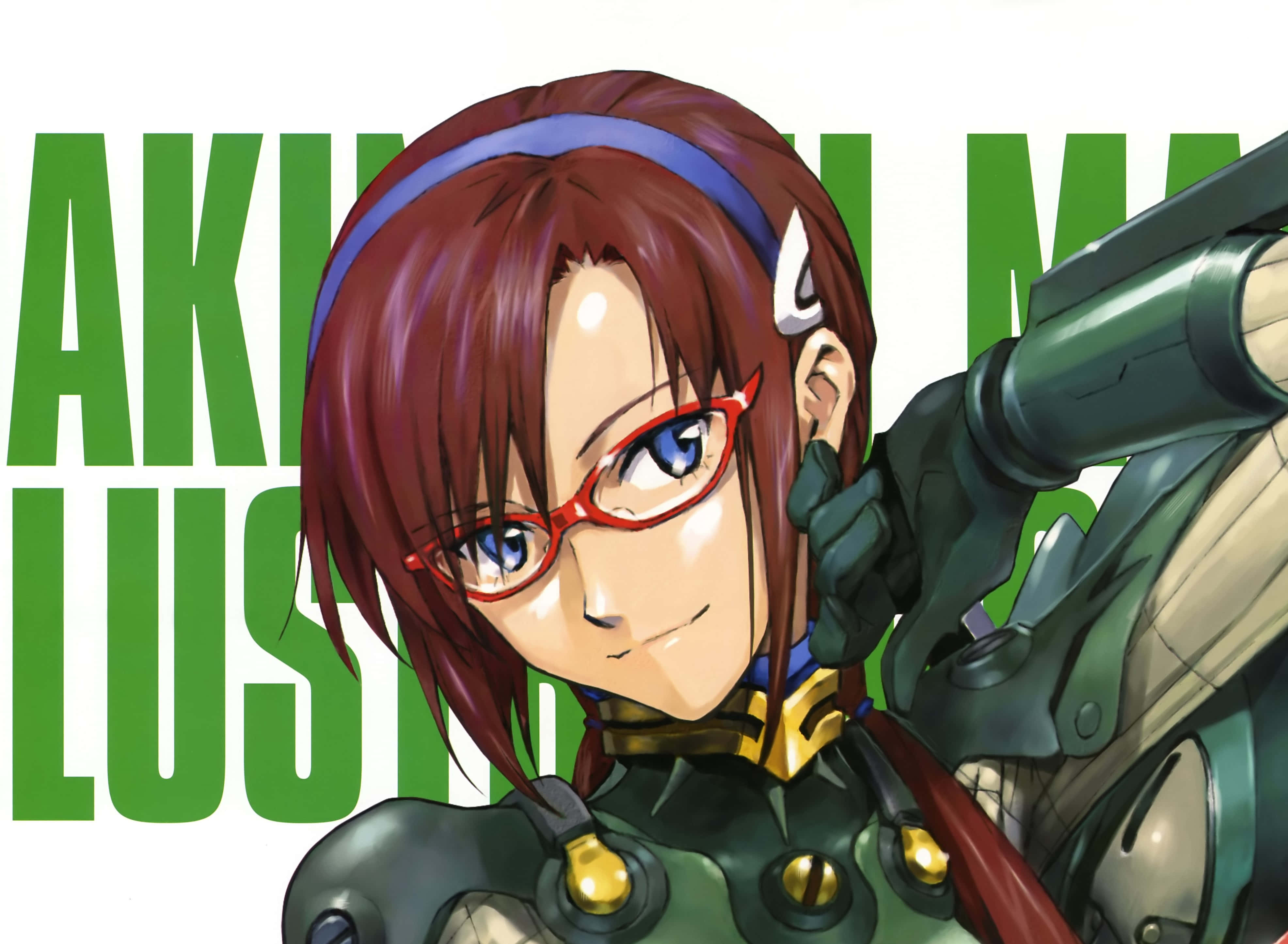 Mari Illustrious Makinami 桌布 壁紙 — 紅髮眼鏡動畫女孩正用綠色武器瞄準大膽的綠色文字背景。