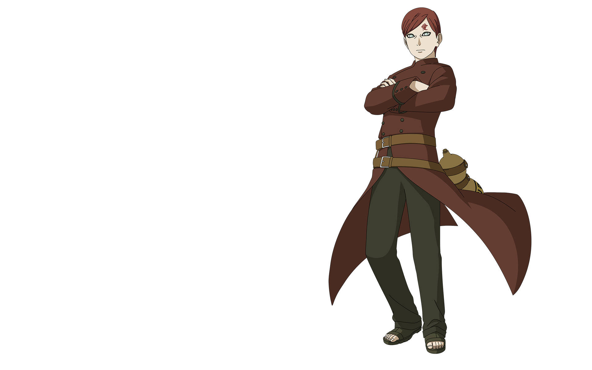 Adult Kazekage Gaara 壁紙 — 紅髮綠眼的動漫角色自信地交叉雙臂站立，身穿棕色外套和工具腰帶。