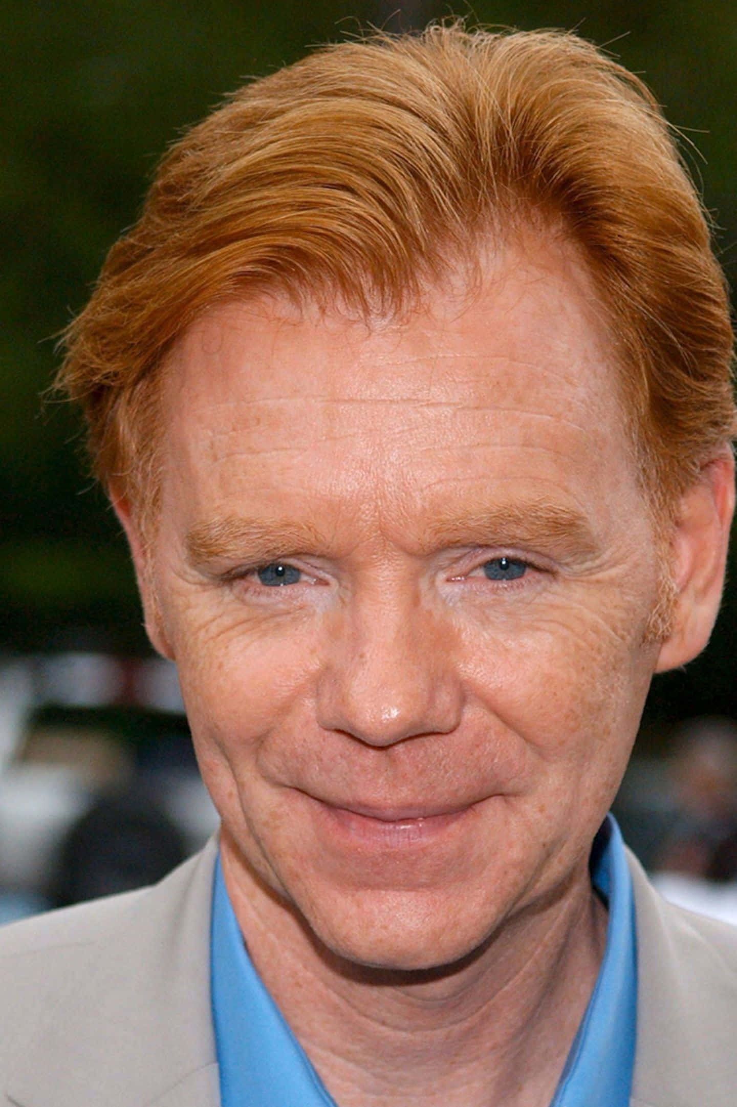 David Caruso 桌布 壁紙 — 紅髮藍眼男士身穿藍色襯衫外搭輕便外套的特寫肖像。