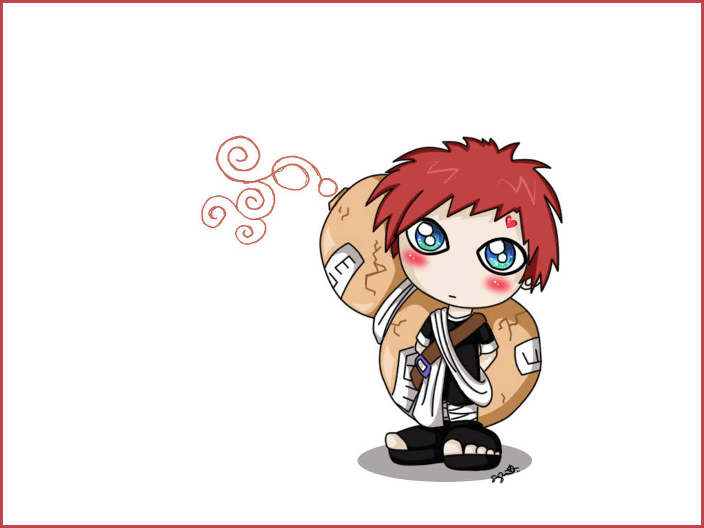 Adorable Chibi Gaara 壁紙 — 紅髮藍眼的Q版動漫角色拿著一個帶有漩渦漂浮在上方的大圓形物體。