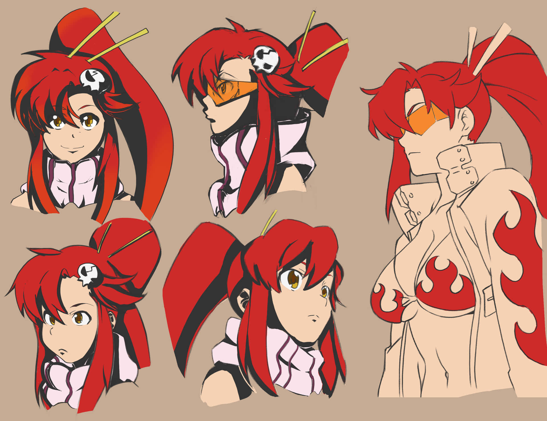 yoko littner 桌布 壁紙 — 紅髮骷髏飾品動漫角色，以多種表情姿勢呈現。