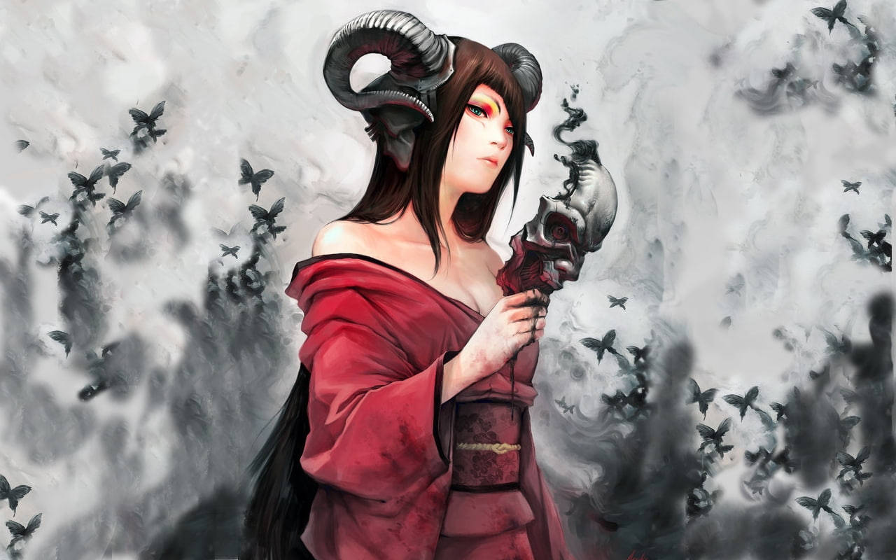 一個擁有公羊角的惡魔女子，在暴風雲中手持一個頭骨，被黑鳥包圍。