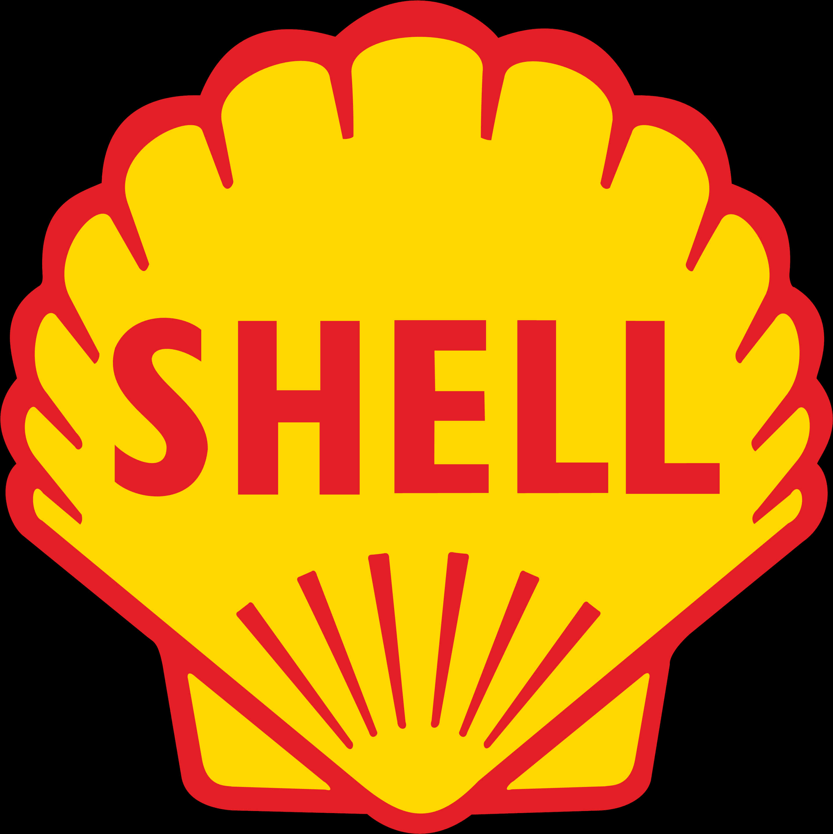 紅黃殼標誌 壁紙 — 大膽的紅色和黃色Shell標誌，帶有經典扇貝形狀和大寫文字，背景為黑色。