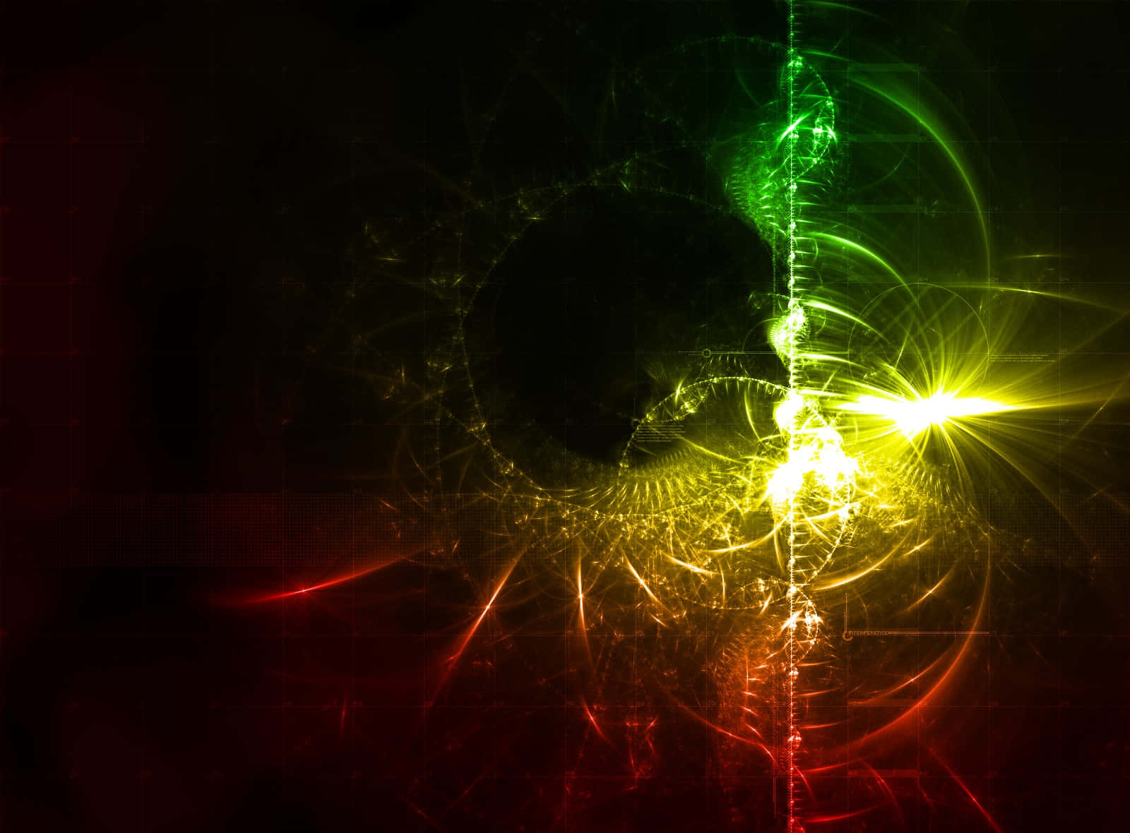 抽象數位藝術作品，具有旋轉的紅色和綠色分形能量圖案以及明亮的光芒爆發。