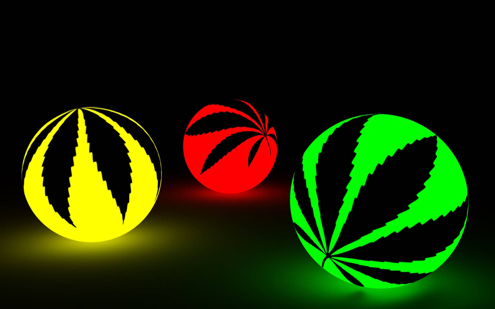 三個發光球體帶有黃、紅、綠色的大麻葉設計，背景為深色。