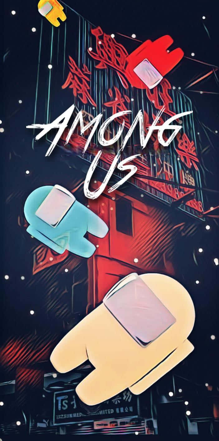 Among Us角色在夜晚漂浮在霓虹燈光下的未來城市中。