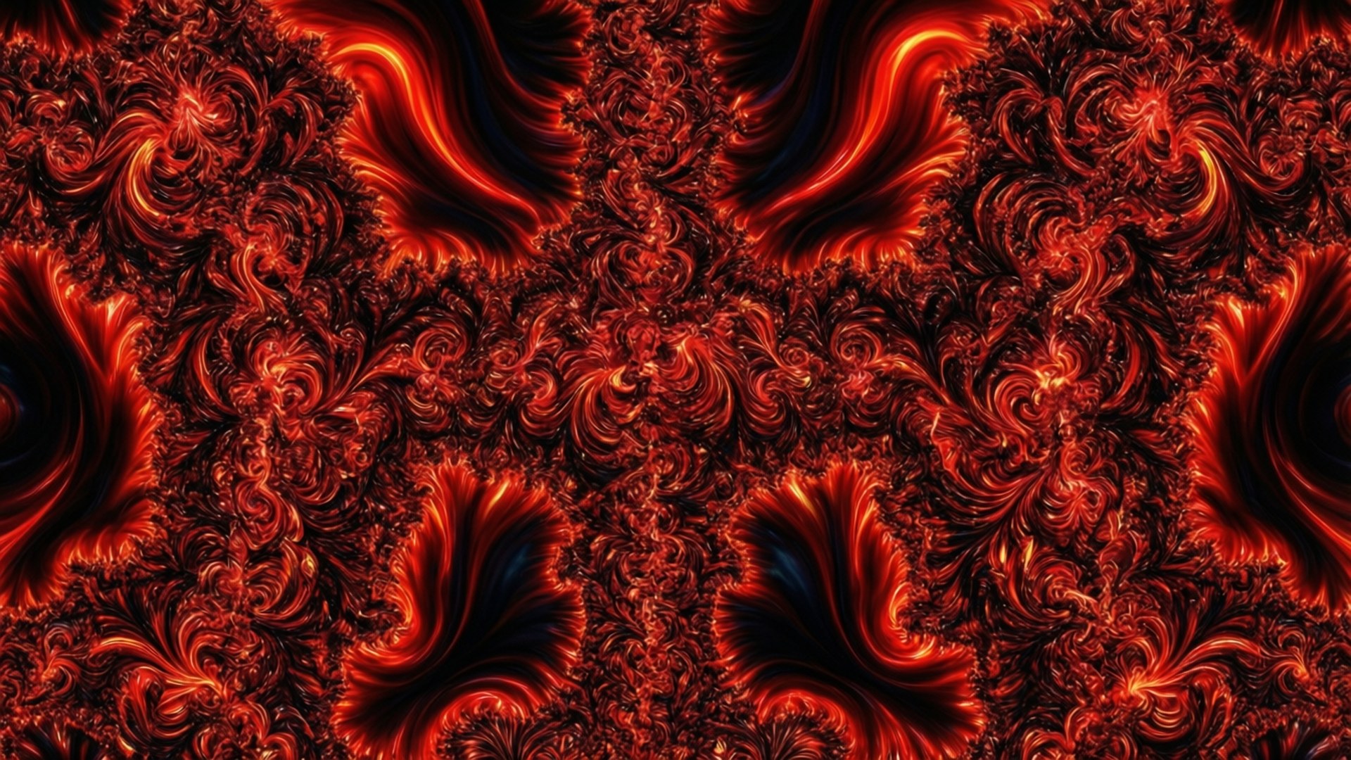 火紅色的分形圖案在數位藝術作品中於深色背景上旋轉。