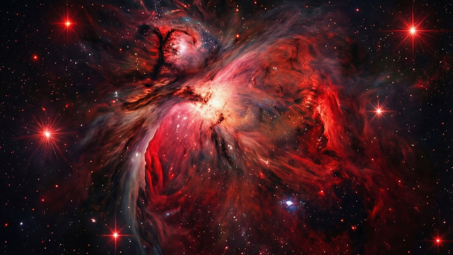 一個紅色和橙色的星雲，帶有發光的氣體和黑暗的塵埃，被明亮的星星包圍。