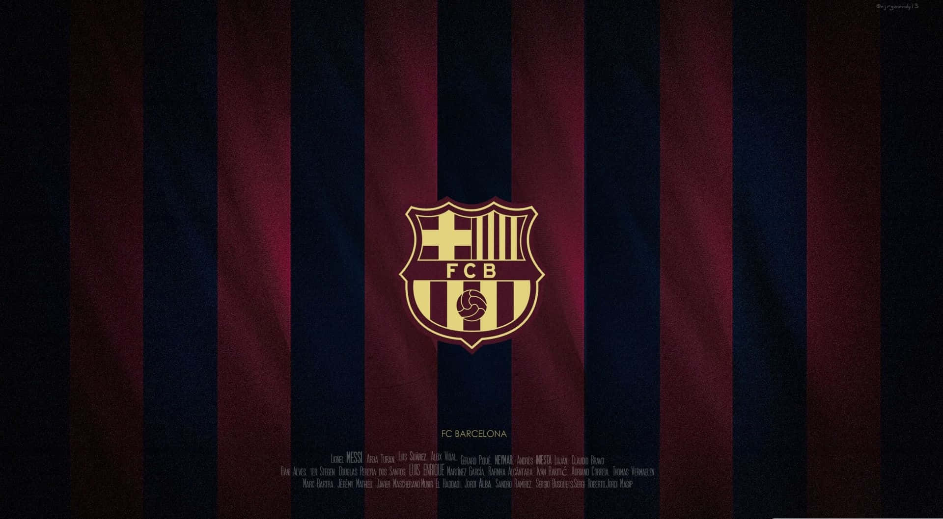 FC Barcelona 會徽置於紅藍條紋背景上，下方列出球員名字。