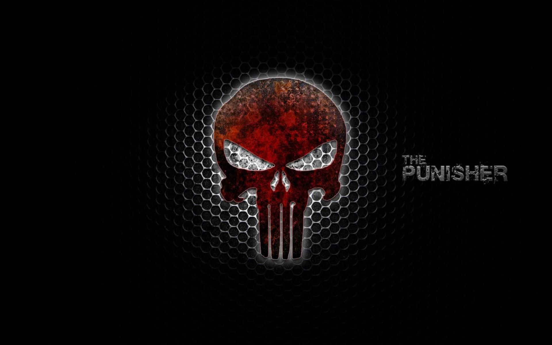 紅色骷髏頭，帶有發光眼睛，置於六角網格背景上，並帶有 Punisher 文字。