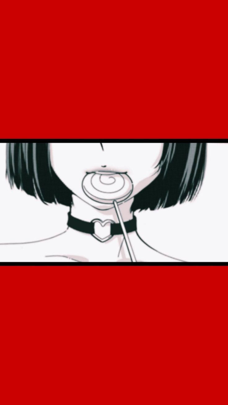 短黑髮、戴心形頸鏈的動漫女孩在紅色背景上咬螺旋棒棒糖。