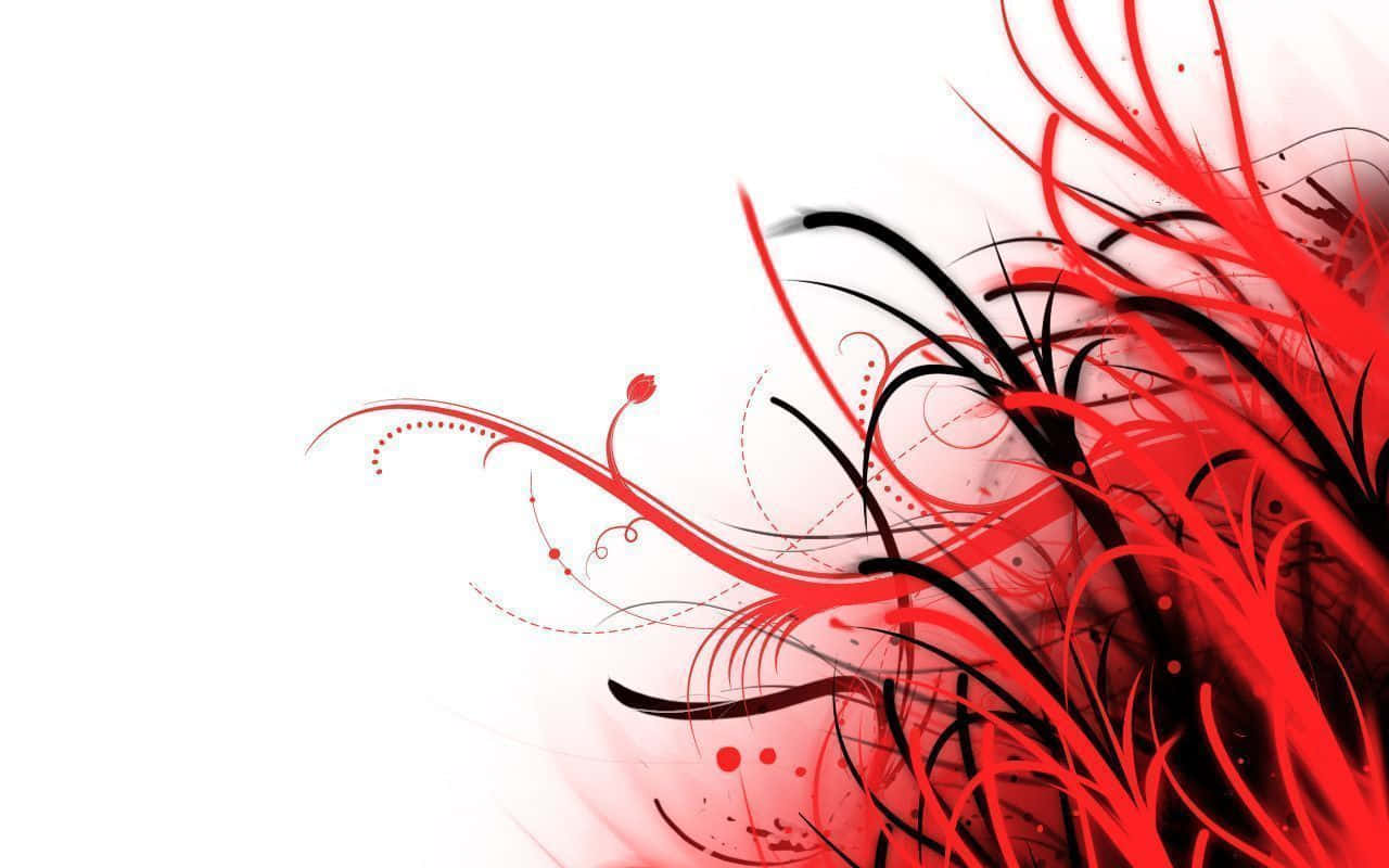 紅黑白的動態視覺 壁紙 — 鮮豔的紅色和黑色抽象漩渦從右側爆發，背景為純白色，帶有精緻的點狀裝飾。