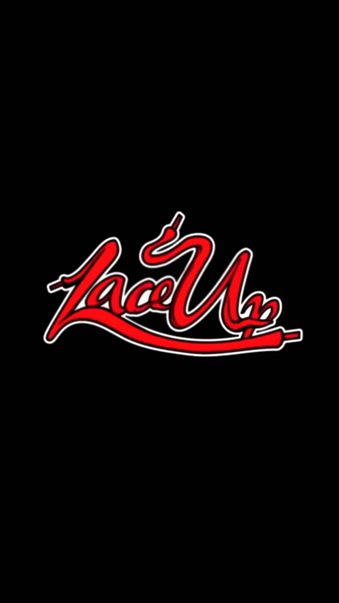 紅色草書 'Lace Up' 標誌，帶白色輪廓，位於黑色背景上。