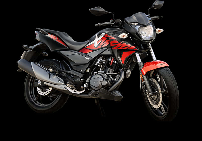 紅黑運動摩托車 壁紙 — 一輛時尚的黑色和紅色Hero Xtreme電單車，帶有鍍鉻裝飾，在純黑色背景下蓄勢待發。