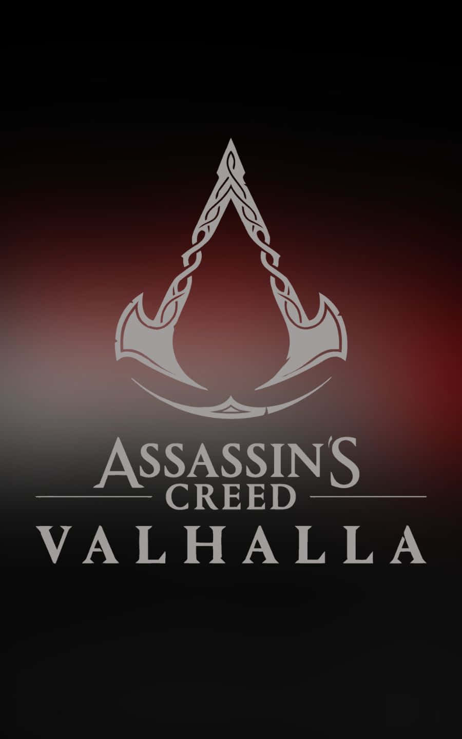 紅黑配色《刺客信條：維京紀元》1440p 背景 壁紙 — Assassin's Creed Valhalla 標誌在深紅色漸變背景上閃耀銀色光芒。