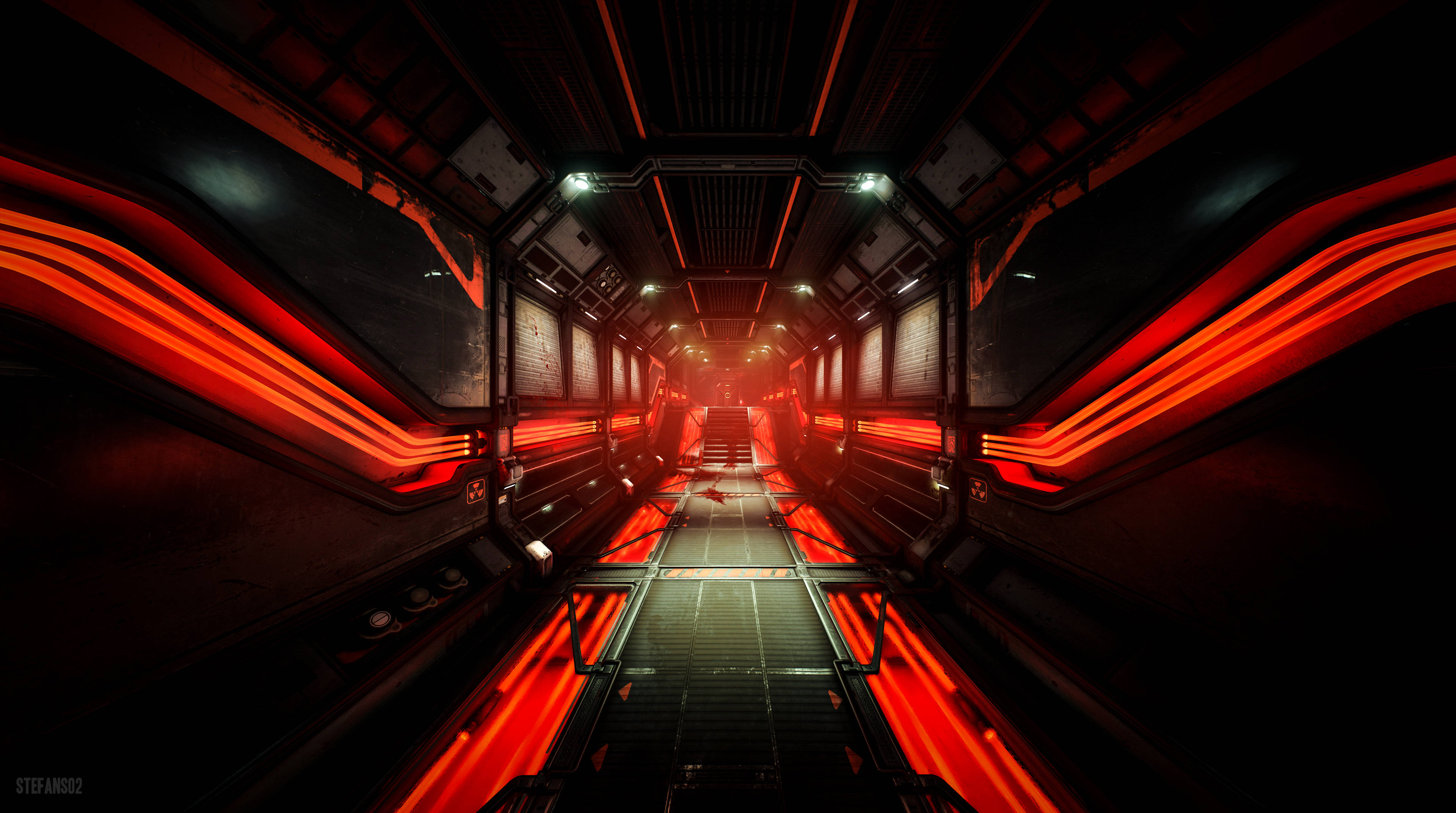 紅黑隧道 Doom 4K 壁紙 — 一條未來風格的太空船走廊，沐浴在發光的紅色霓虹燈光中，金屬牆壁和中央走道逐漸消失在黑暗中。