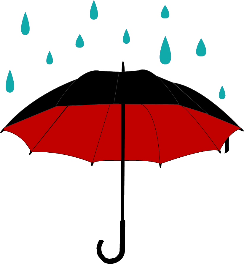 紅黑雨傘與雨滴 壁紙 — 一把大膽的紅黑雨傘在純白背景下抵擋著落下的青綠色雨滴。