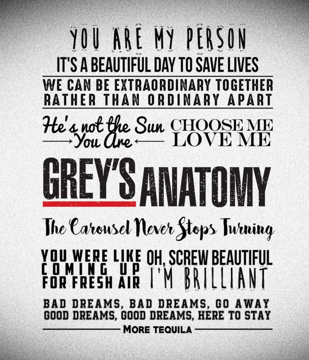Grey's Anatomy 桌布 壁紙 — 紋理灰色背景上以粗體黑色字體展示《醫人當自強》的經典語錄，字型和間距各異。
