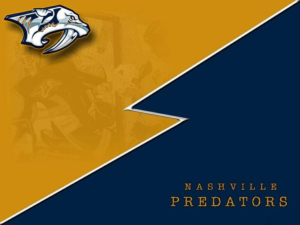 納什維爾掠奪者閃電設計 壁紙 — Nashville Predators 標誌以白色、藍色和金色呈現，背景為黃色和海軍藍色分割，並附有球隊名稱文字。