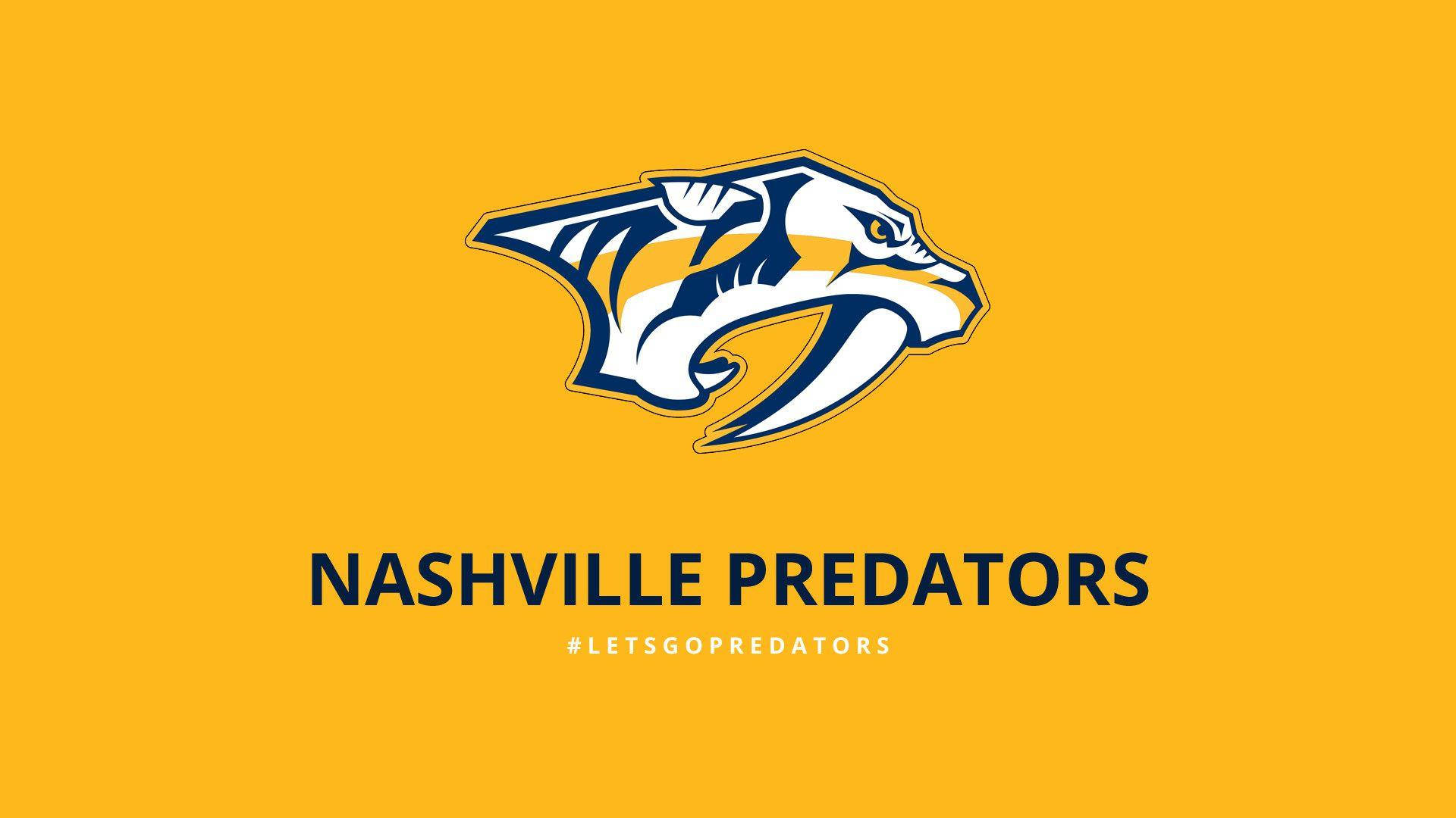 納什維爾掠奪者隊搭配「Let's Go」標籤 壁紙 — Nashville Predators 標誌以藍色、白色和黃色呈現，置於純橙色背景上，下方附有球隊名稱和主題標籤。