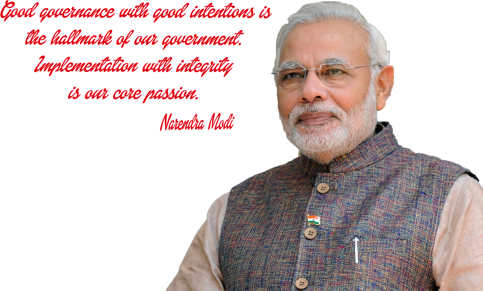納倫德拉·莫迪良好治理名言 壁紙 — Narendra Modi 身穿圖案背心，佩戴印度國旗別針，黑色背景上帶有紅色引文文字。