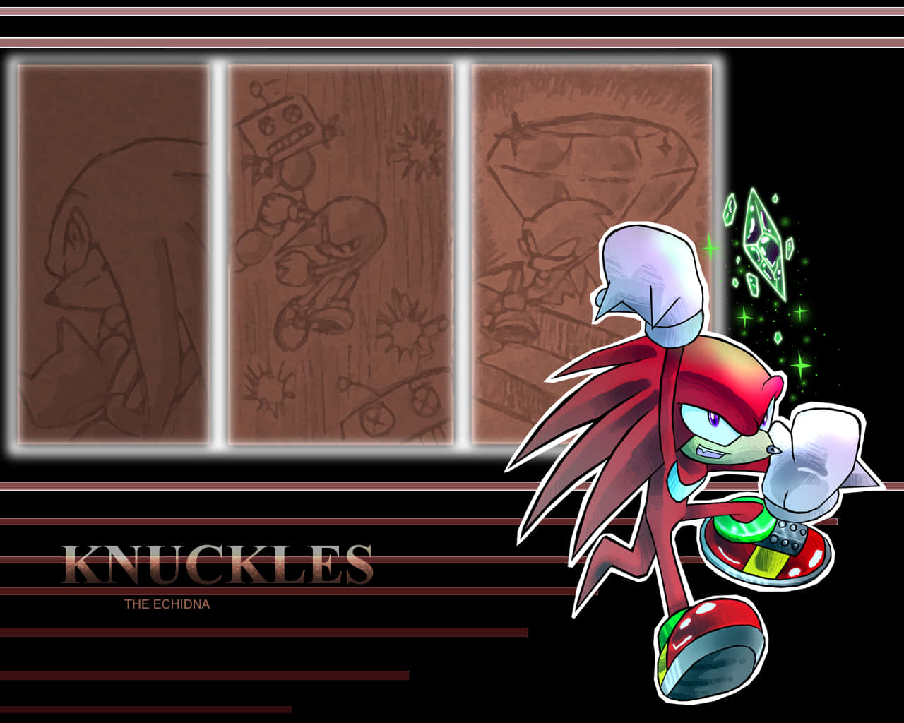 Knuckles the Echidna 手持綠色寶石，身後有草圖面板。
