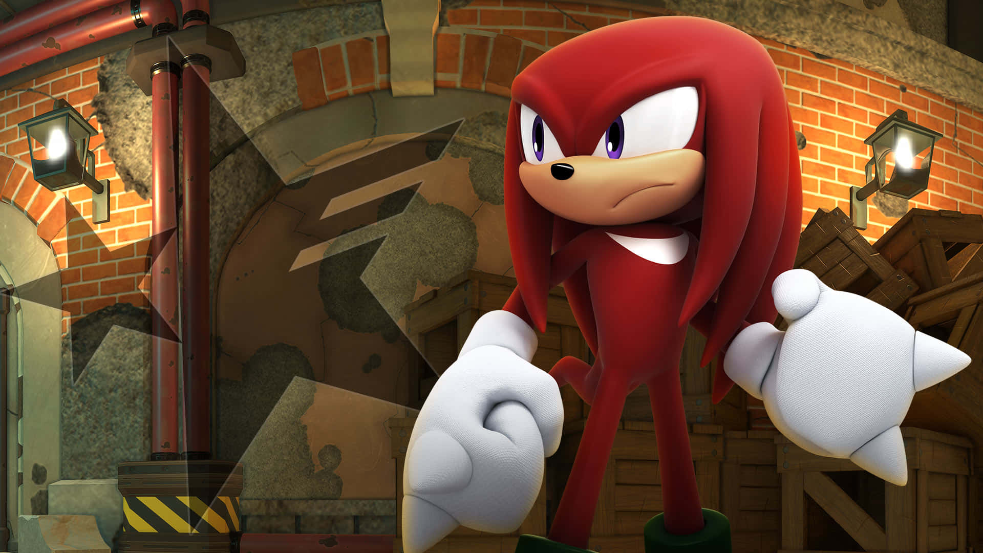 紅色刺蝟 Knuckles 站在磚砌廢墟中，伴隨著發光的燈籠。
