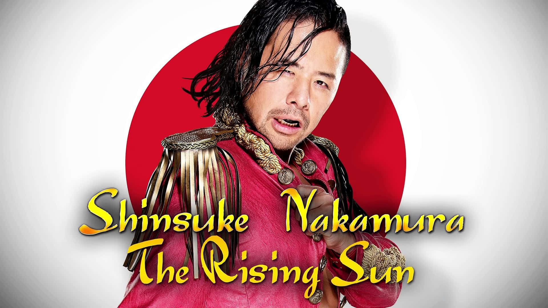 摔角手中邑真輔身穿紅金裝備，帶有「The Rising Sun」文字。