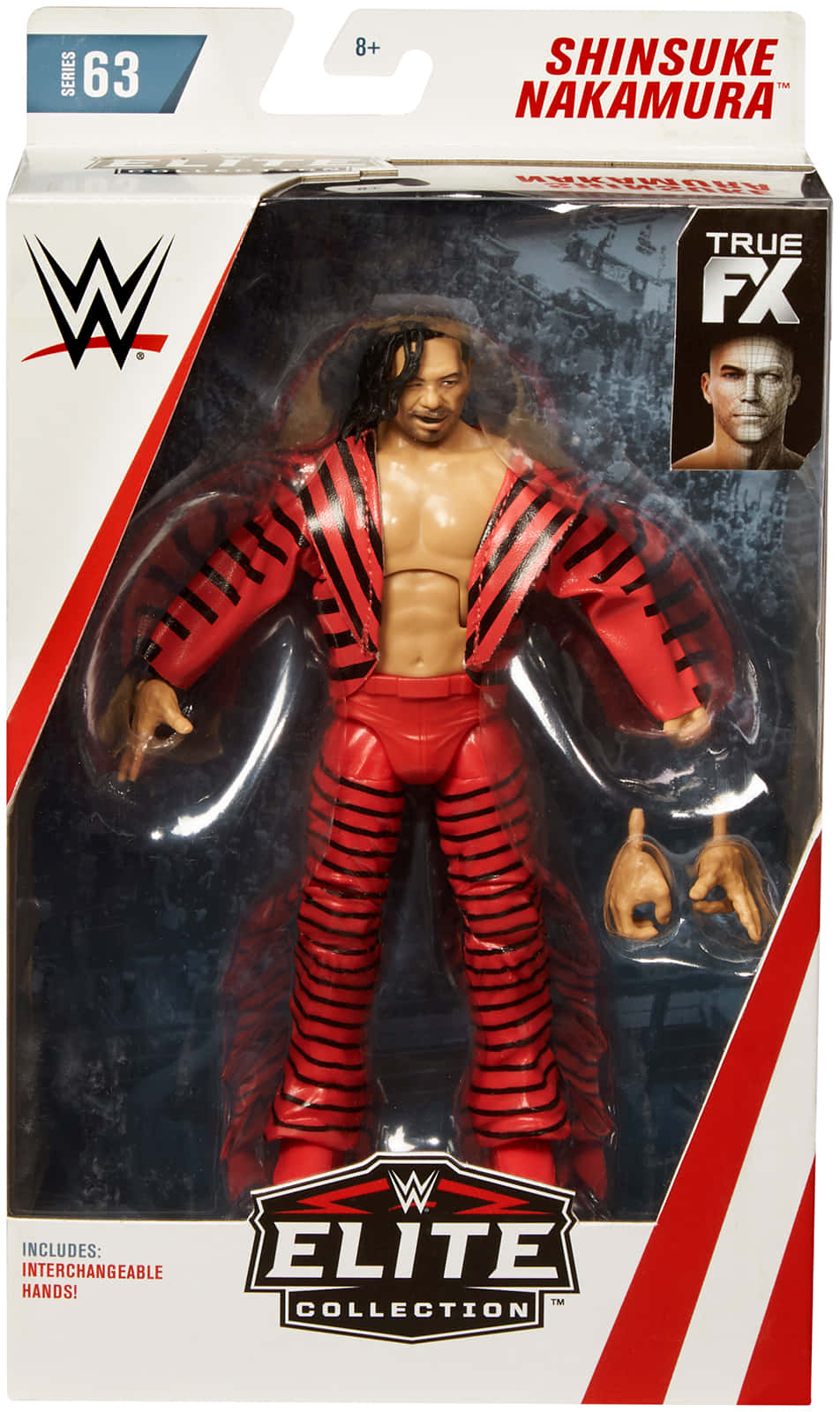 WWE 中邑真輔可動人偶，身穿紅黑條紋服裝，附有可互換手掌。