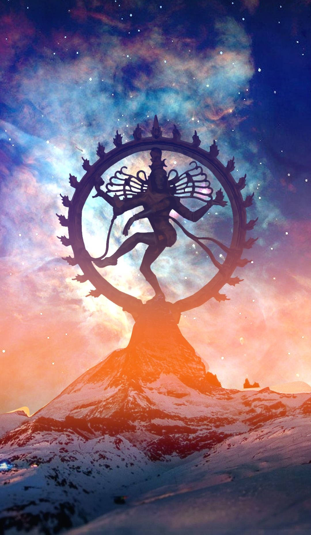 濕婆神在星雲星空下的雪山上以宇宙剪影跳舞