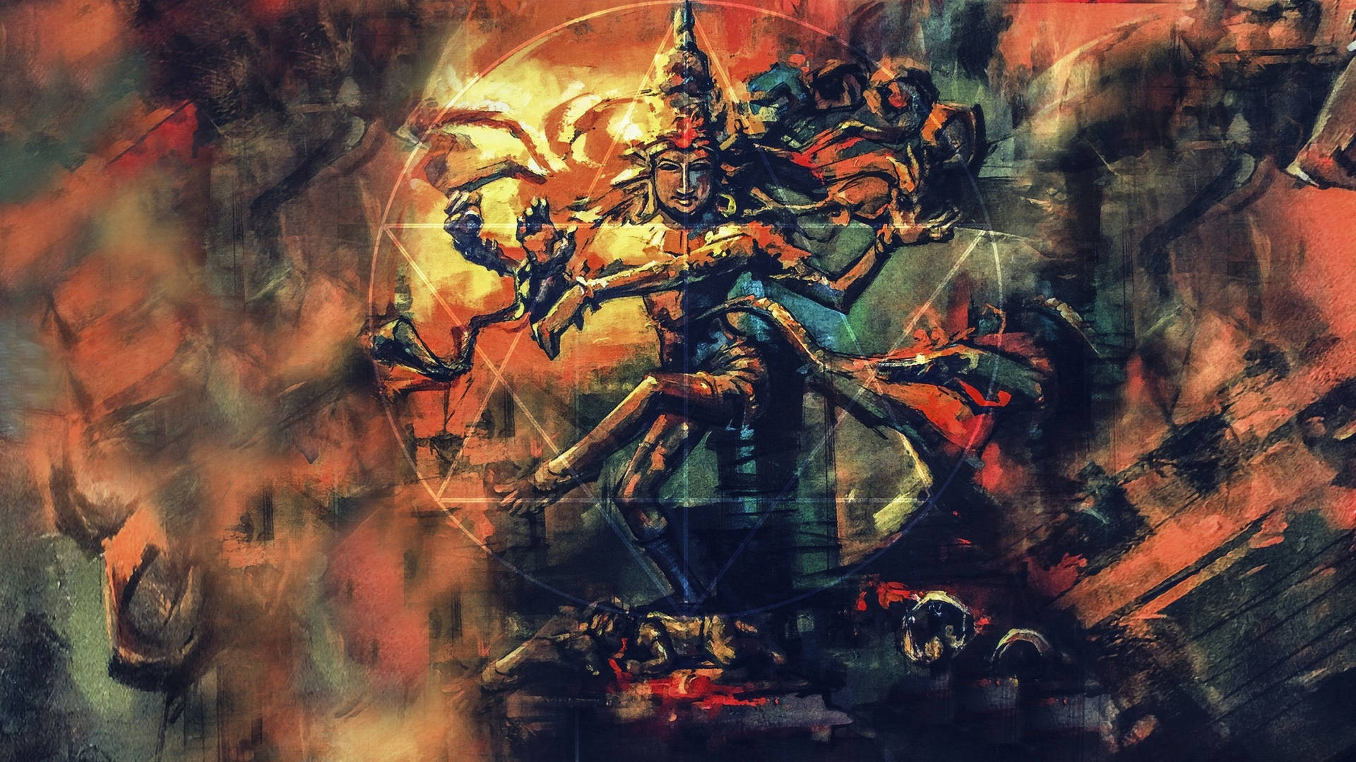 一個多臂神祇在神秘圓圈內散發金色能量，背景是火熱的抽象圖案。