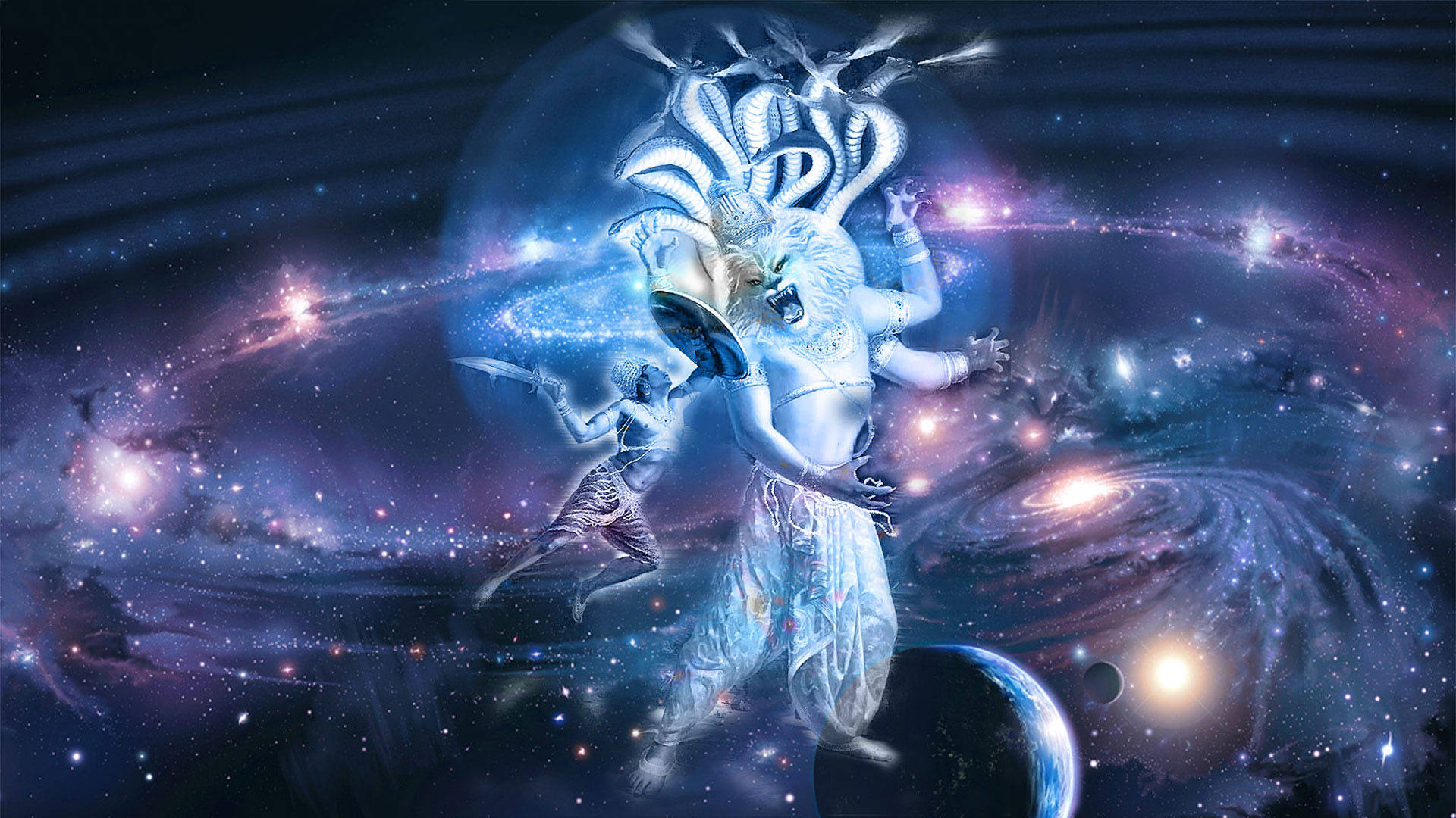 納拉辛哈星際背景藝術 壁紙 — 一位擁有眾多手臂和蛇冠的宇宙神祇，在旋轉的星系和發光的星星之間跳舞，構成充滿活力的太空場景。
