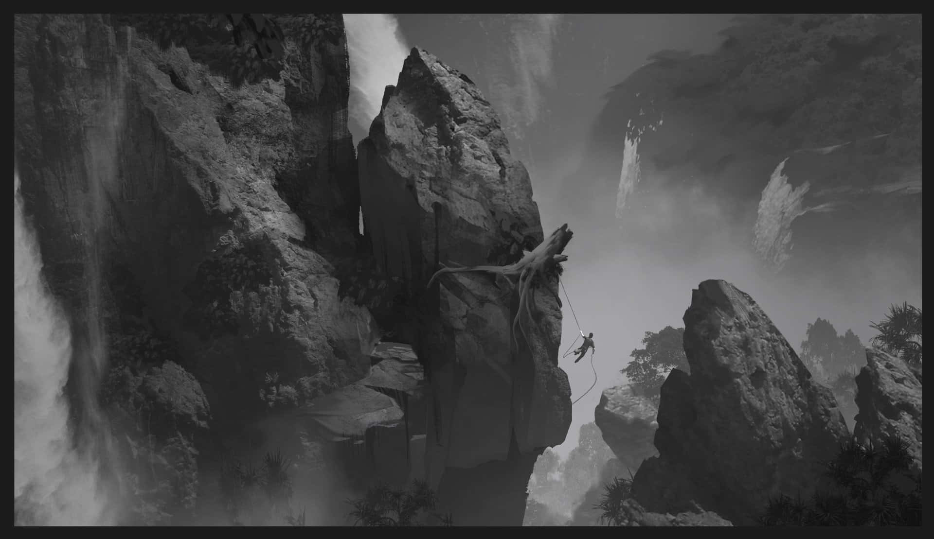 納森·德雷克在《神秘海域4》中的最後一場尋寶冒險 壁紙 — 一個孤獨的攀岩者攀爬高聳的單色懸崖，霧氣在遠處的瀑布和鋸齒狀山峰周圍盤旋。