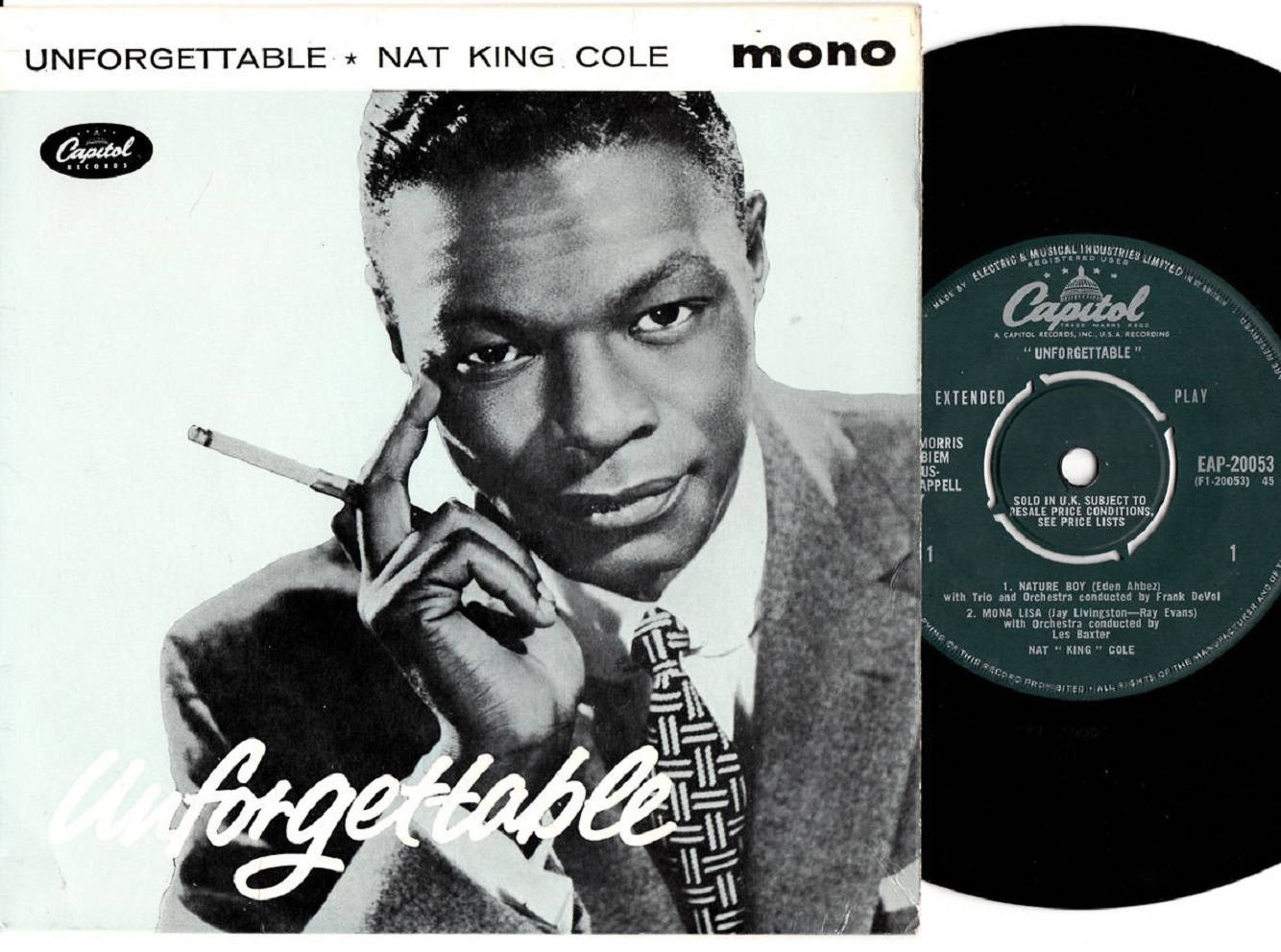納特·金·柯爾爵士唱片 壁紙 — Nat King Cole 手持香煙的復古黑白專輯封面，旁邊有一張 Capitol Records 黑膠唱片。
