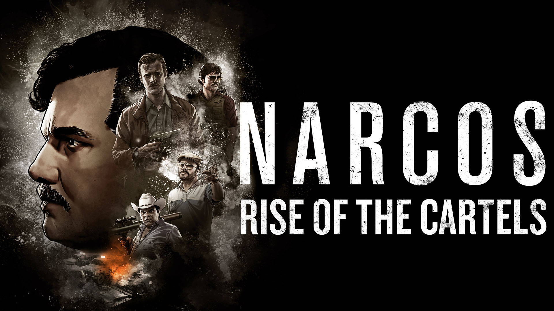 Narcos Rise of the Cartels 海報， featuring 強烈的角色肖像和熾熱的爆炸。