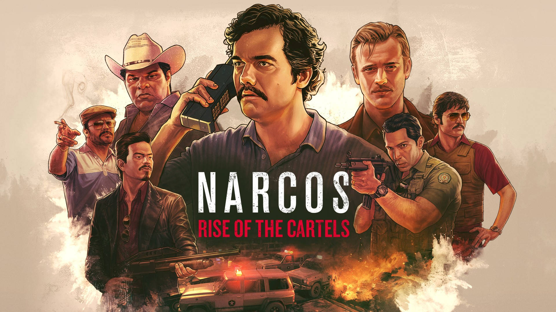 Narcos Rise of the Cartels 海報，有武裝人員和燃燒的警車。