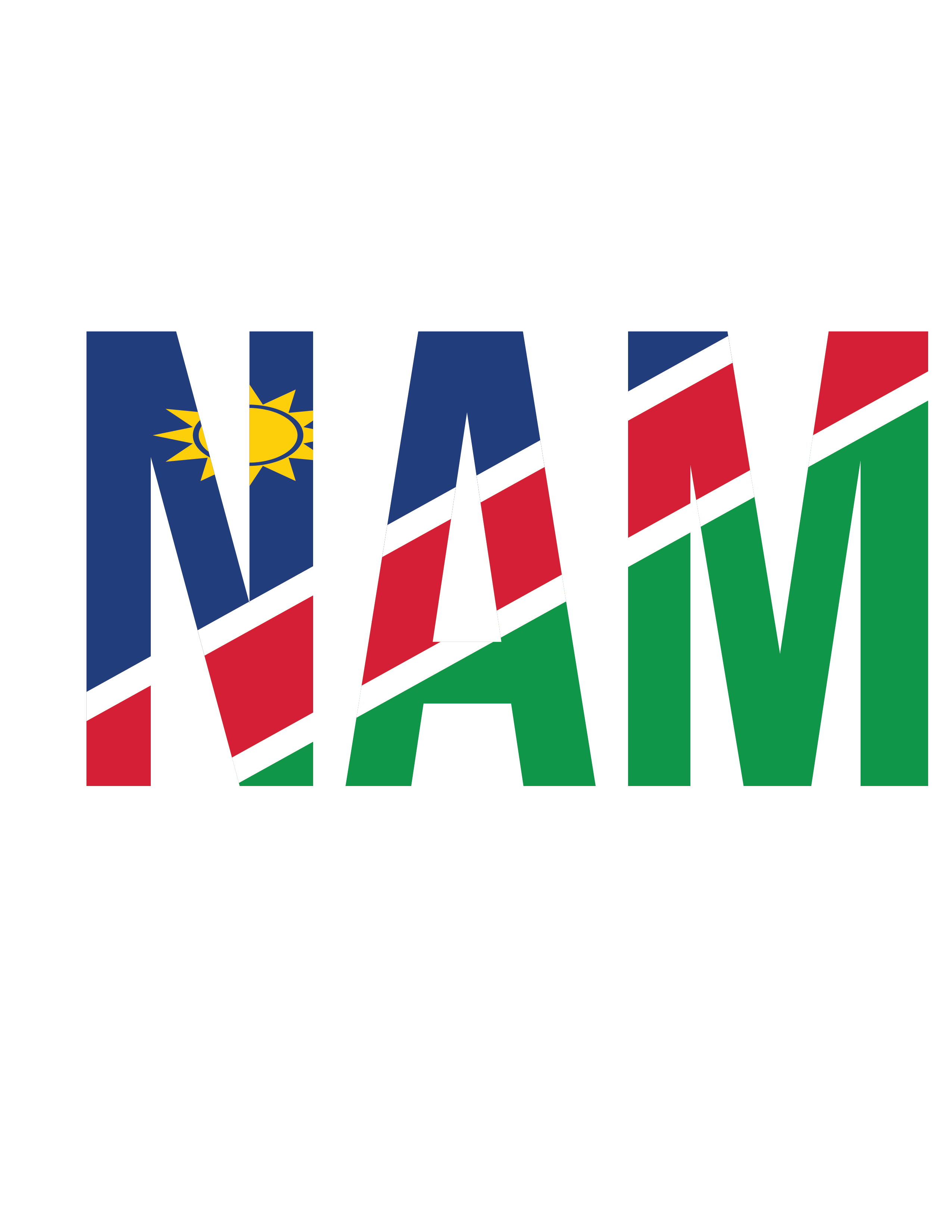 納米比亞國旗文字藝術圖 壁紙 — 粗體字母 NAM 填充納米比亞國旗顏色和太陽標誌，背景為白色。