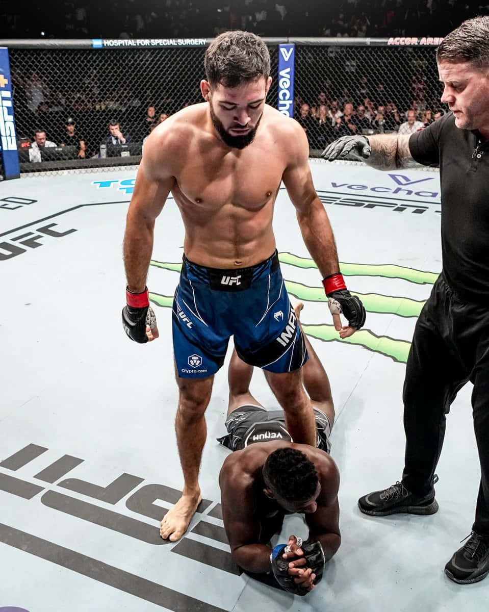 UFC拳手站在八角籠內被擊敗的對手之上，裁判在附近。