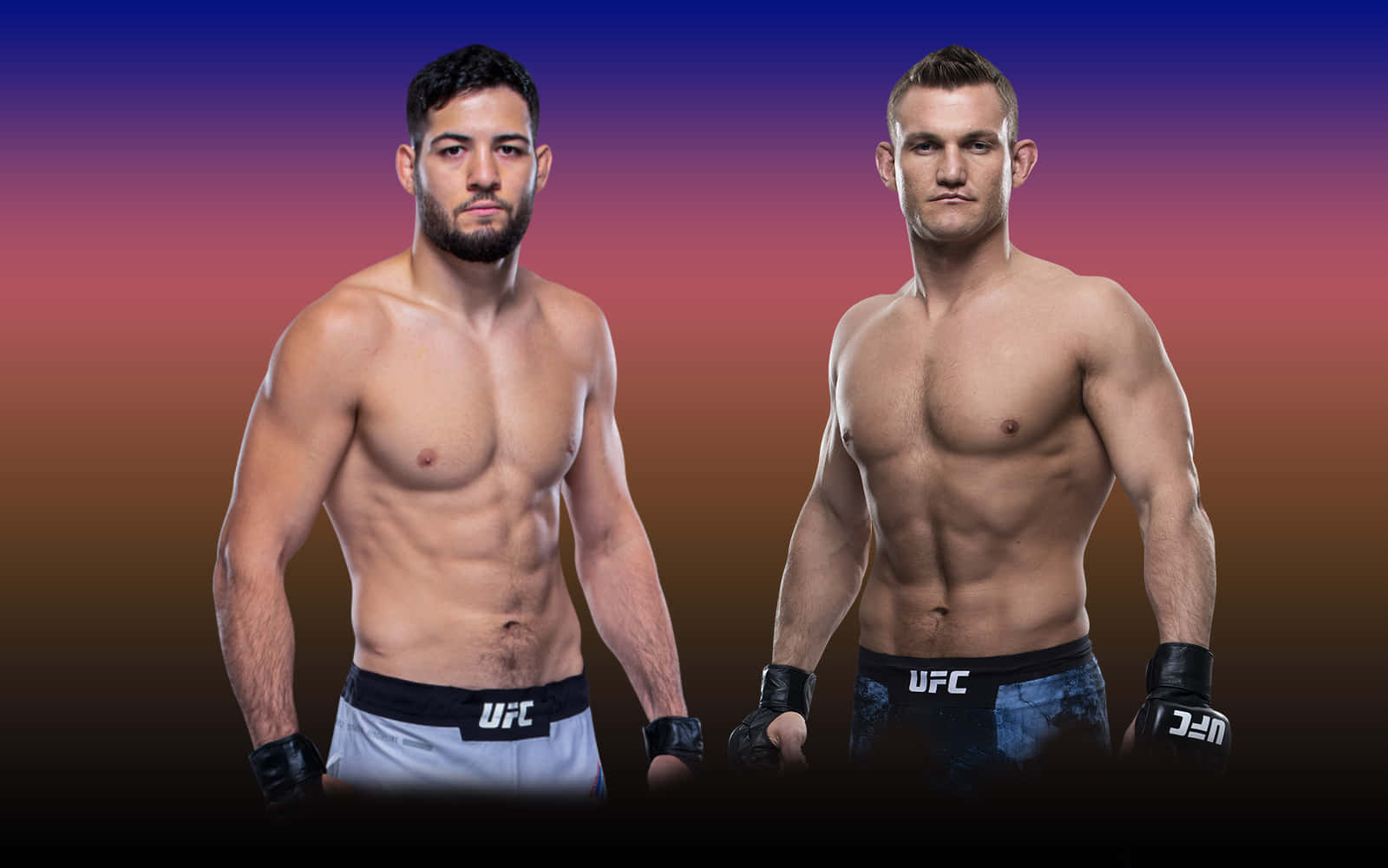 兩名赤裸上身的男性MMA拳手穿著UFC裝備，表情嚴肅地擺姿勢。