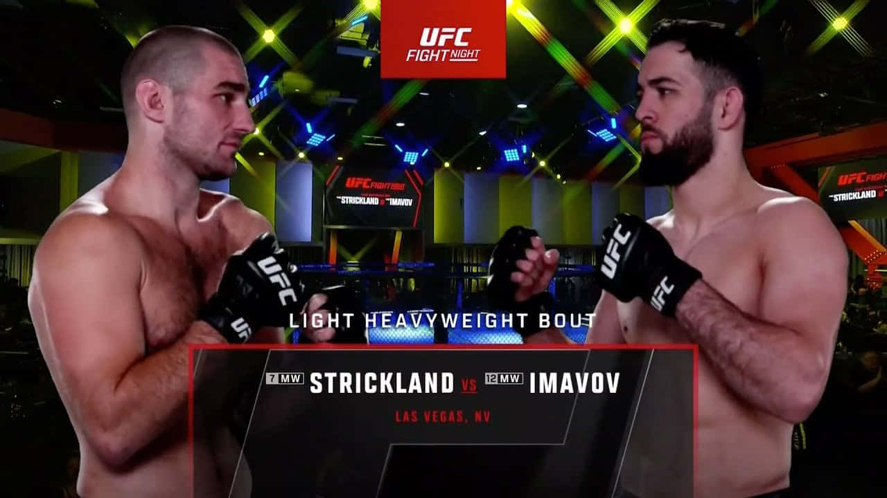兩名戴著手套的男性MMA拳手在霓虹燈下的UFC八角籠中對峙。