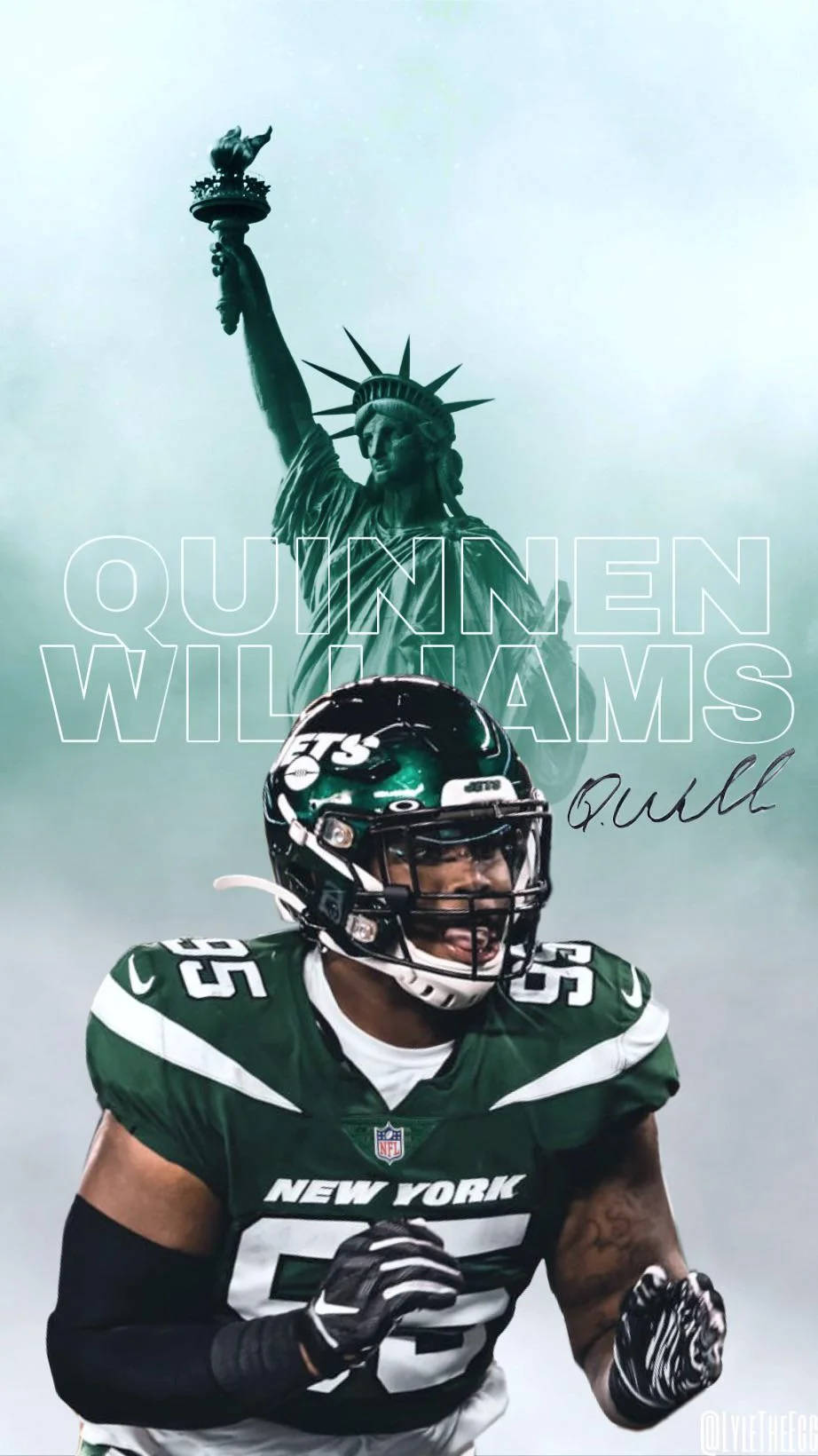 身穿綠色球衣的足球運動員Quinnen Williams，身後是自由女神像。