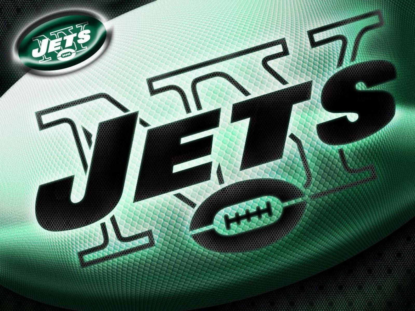 紐約噴氣機隊淺綠色設計 壁紙 — 大膽的黑色 'JETS' 標誌配以足球徽章，在帶有紋理的綠色布料背景上發光。