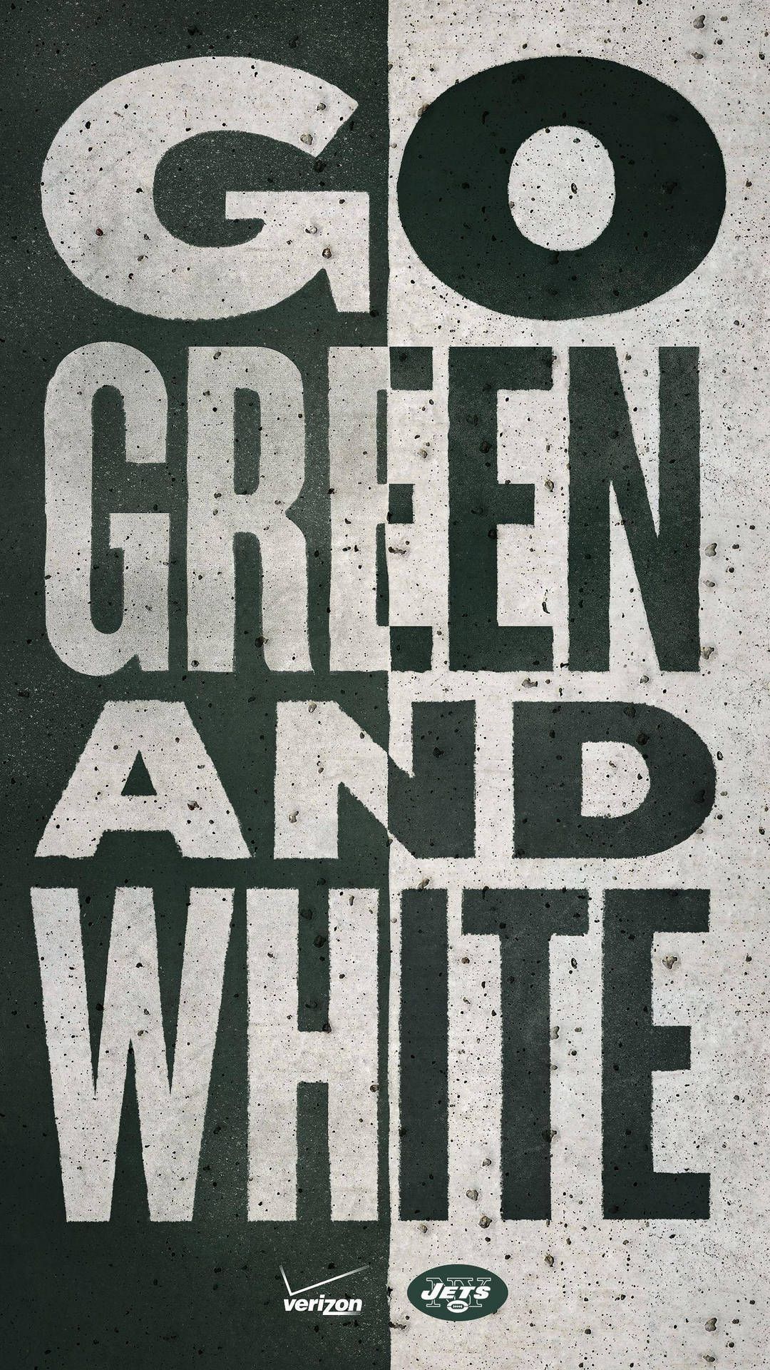 紐約噴氣機隊綠白戰吼 壁紙 — 粗體文字「GO GREEN AND WHITE」顯示在分割的混凝土牆上，底部有Verizon和Jets標誌。